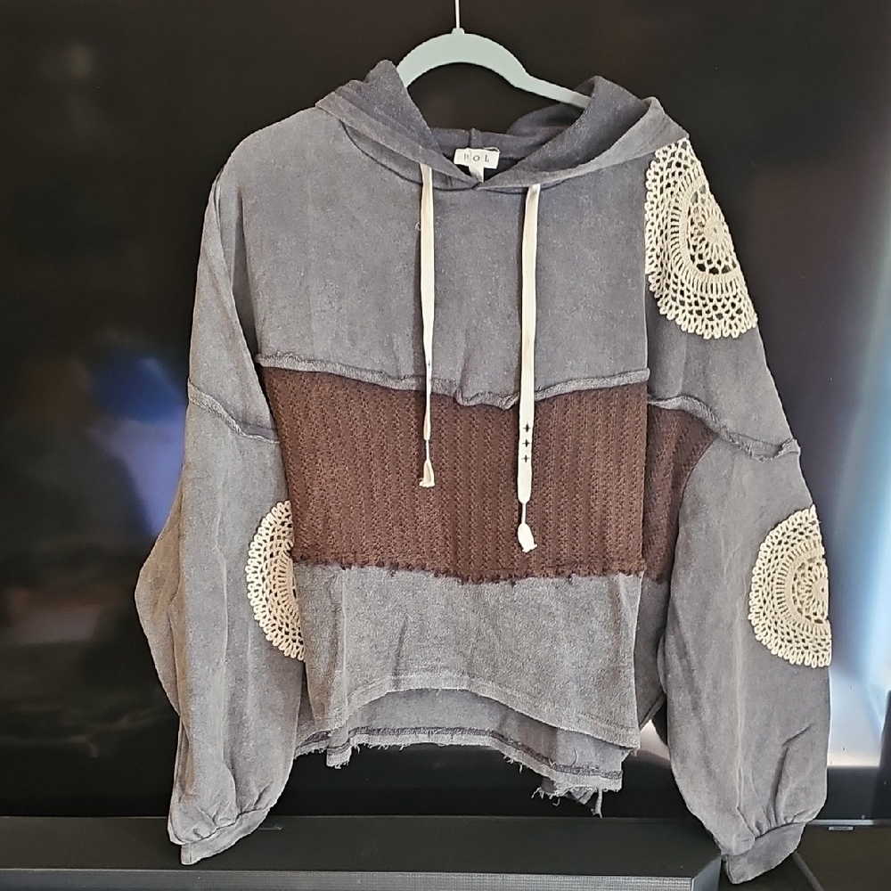 POL Gray and Brown Sweater with Crochet Details